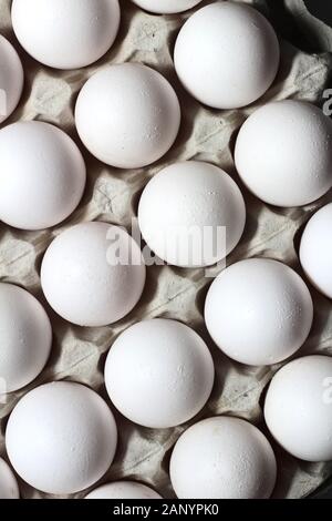 An isolated tray of eggs from recycled materials with white eggs on a white background. Top view Stock Photo