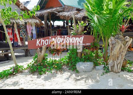 Wooden sign welcoming tourists on the isolated island. Stock Photo