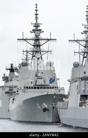 Australian naval ship HMAS Brisbane (DDG 41) is one of three Hobart Class Air Warfare Destroyers and is seen here moored at Garden Island in Sydney. Stock Photo