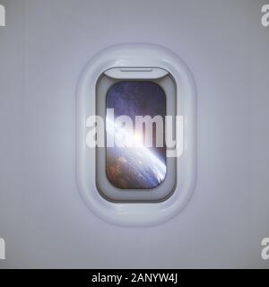 Future flights concept. Window view of planet Earth from a space ship ...