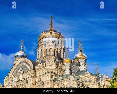 18 September 2018: St Petersburg, Russia - Church of the Assumption of Mary, on the Neva Embankment, detail of the fantastic architecture and the onio