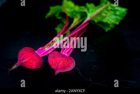 bright beets on a monochromatic colorful background with leaves Stock Photo