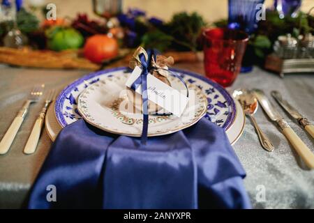 Colourful wedding reception tablescape. Stock Photo