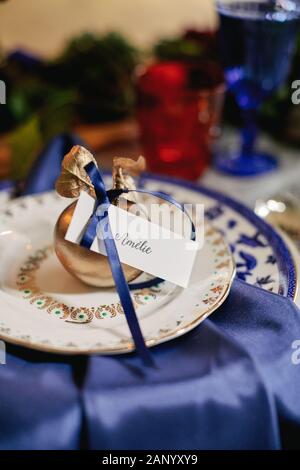 Colourful wedding reception tablescape. Stock Photo