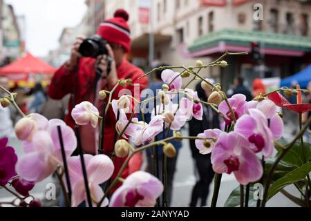 San Francisco, USA. 19th Jan, 2020. People visit a Spring Festival fair at the Chinatown in San Francisco, the United States, Jan. 19, 2020. The annual Spring Festival fair features a variety of small gifts, good-luck new year items, potted flowers as well as Chinese folk performances. Credit: Li Jianguo/Xinhua/Alamy Live News Stock Photo