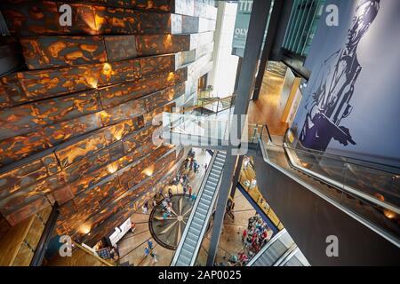 Inside Titanic Belfast looking down into the entrance foyer, Belfast, Northern Ireland Stock Photo