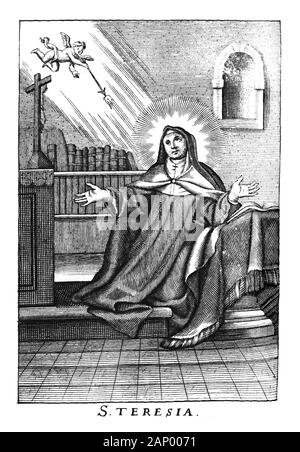 Antique vintage religious allegorical engraving or drawing of nun or Christian holy woman saint Teresa.Illustration from Book Die Betrubte Und noch Ihrem Beliebten..., Austrian Empire,1716. Artist is unknown. Stock Photo