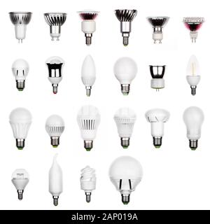 Set of LED bulbs lamps with different sockets isolated on white. Bulbs set. Stock Photo