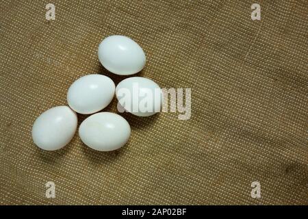 Five eggs on bagging fabric closeup view. Easter background with copy space. Traditional farming healthy food product. Protein nutrition source Stock Photo