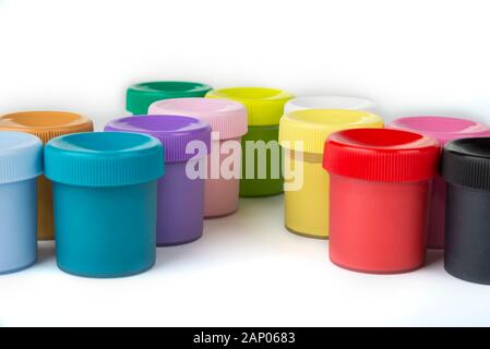 School  paint in the plastic containers on a white background Stock Photo