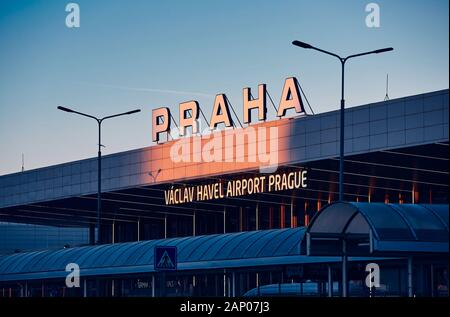 Prague, Czech Repiblic - February 28, 2019: Main building of Terminal 1 at morning light. Vaclav Havel Airport Prague on February 28, 2019 in Prague, Stock Photo