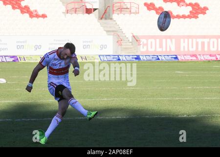 19th January 2020, Hull College Craven Park, Kingston upon Hull, England; Rugby League Pre Season, Hull Kingston Rovers v Featherstone Rovers : Ryan Brierley (31) of Hull KR kicks the conversion Credit: David Greaves/News Images Stock Photo