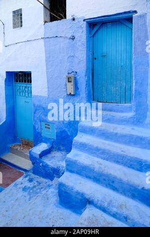 Traditional Blue-Painted Architecture, Blue Doors & Steps in Chefchaouen or Chaouen Morocco Stock Photo