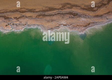 Birdseye top dwon view on the shore of the Dead Sea, Israel Stock Photo