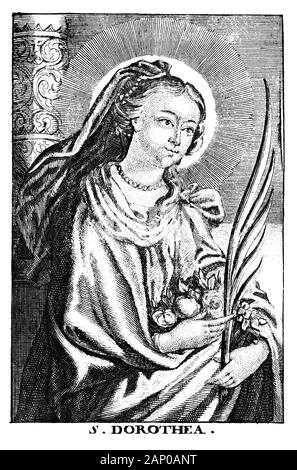 Antique vintage religious allegorical engraving or drawing of Christian holy woman saint Dorothy or Dorothea of Caesarea.Illustration from Book Die Betrubte Und noch Ihrem Beliebten..., Austrian Empire,1716. Artist is unknown. Stock Photo