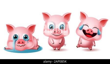 Pigs character vector set. Pig animal characters 3d elements in different pose and expressions like crying, blissful, laughing, lying, and standing. Stock Vector