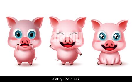 Pig animal characters vector set. Pigs character 3d avatar emoji in surprise, happy, excited, standing, waving and sitting pose and expressions. Stock Vector