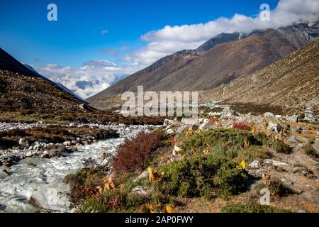 River and a village in the Himalaya area in Nepal Stock Photo