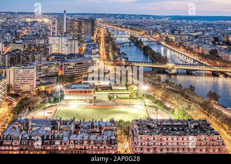 Paris, France - Seine river aerial view.Arc de Triomphe, Eiffel Tower, Champs Elysees and La Defense in the background.
