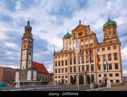Augsburg cityscape with Perlach Tower (Perlachturm) and Town Hall (Augsburger Rathaus) at Rathausplatz, Augsburg, Swabia, Bavaria, Germany Stock Photo