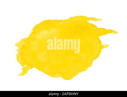 Yellow watercolor grungy splash. Abstract art hand paint isolated stain on white paper texture. Watercolor banner for design or text. Stock Photo