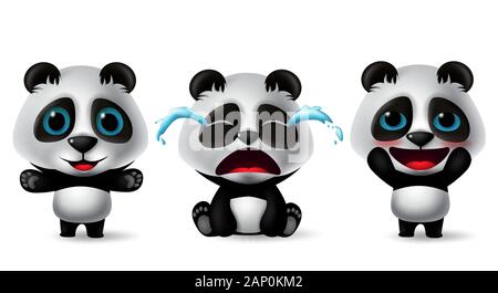 Panda characters vector set. Pandas animal character in cute, crying, blissful, happy, standing and sitting pose and expressions isolated in white. Stock Vector