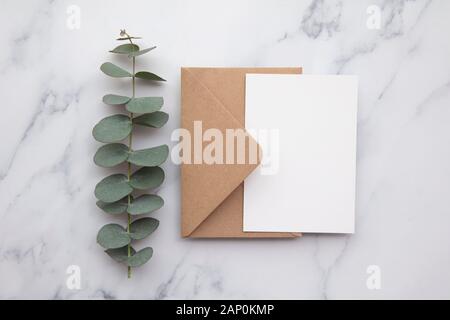 Blank white card and envelope with eucalyptus leaves. Blank invitation. Stock Photo