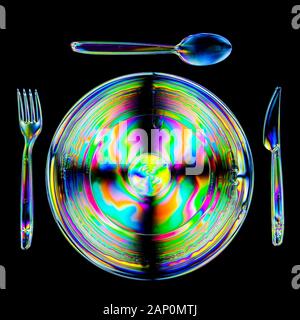 Colourful stress patterns in hard plastic, revealed by imaging between two crossed polarising filters and showing a plate,knife and fork and spoon. Stock Photo