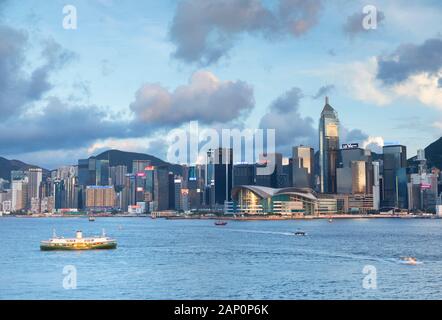 Skyline of Hong Kong Island and Star Ferry, Hong Kong, China Stock Photo