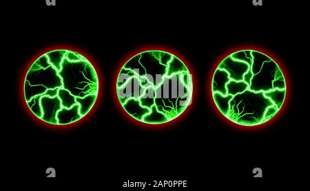 Discharges of green lightning in three areas. Glowing effect from electricity. Magical and mystical background. The chaotic movement of colored electr Stock Photo