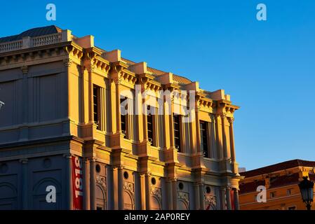Madrid, Spain - January 10, 2020. West facade of the Royal Theatre (Teatro Real or simply El Real) at sunset. Plaza de Oriente Square. Madrid, Spain. Stock Photo