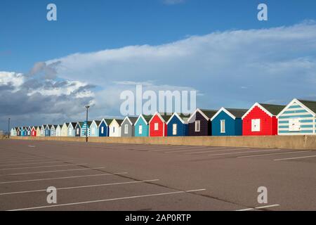 Beach Huts at Southwold, Suffolk , England, viewed from the car park. Stock Photo
