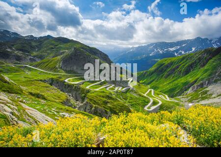 Old Gotthard Pass road in Tremola Valley, Switzerland Stock Photo