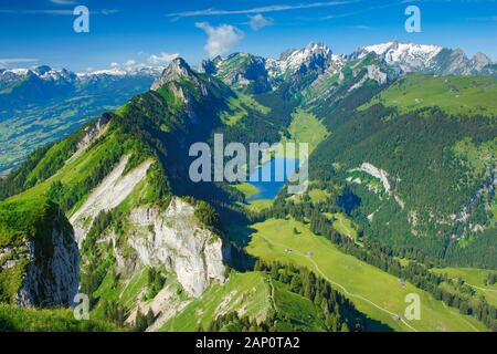 View from the mountain Hoher Kasten on the Saemtisersee, Appenzell and St. Gallen, Switzerland Stock Photo