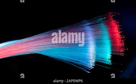 fiber optics network cable for ultra fast internet communications, thin light threads that move information at high speed. Stock Photo