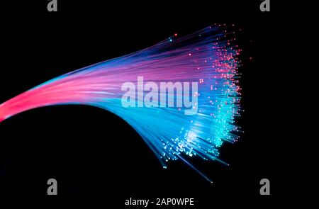 fiber optics network cable for ultra fast internet communications, thin light threads that move information at high speed. Stock Photo