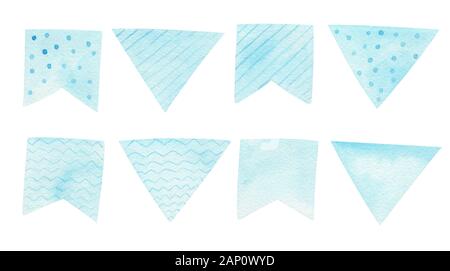 Blue childish flags hand drawn raster illustrations set. Bunting party garland, festive decor elements watercolor collection. Aquarelle Birthday decor Stock Photo