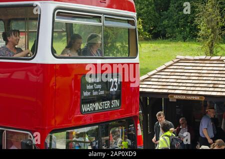 Wiltshire, UK - August 17, 2019: Happy passengers using bus route 23A which only runs one day each year, taking people across the military controlled Stock Photo