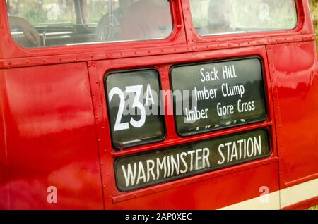 Wiltshire, UK - August 17, 2019:  Front of a double decker bus on route 23A which only operates one day a year across the military controlled Salisbur Stock Photo