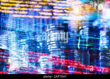Program code with stacks of coins and abstract technology background | usage worldwide Stock Photo