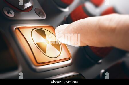 Finger pressing a nuclear button on a control panel. Composite image between a hand photography and a 3D background. Stock Photo
