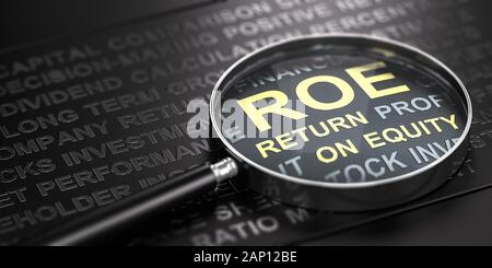 3D illustration of a magnifying glass over black words and focus on the text ROE (Return On Equity) written with golden letters. Stock Photo