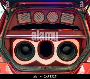 colorful lights of stereo and speakers in car Stock Photo