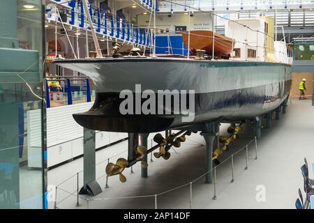 The innovatory steam turbine powered 'Turbinia', desighned by Charles Parsons, on display at the Discovery museum, Newcastle. Stock Photo