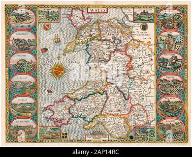 Old vintage Map of Wales, early 17th Century, illustration by John Speed, 1610 Stock Photo