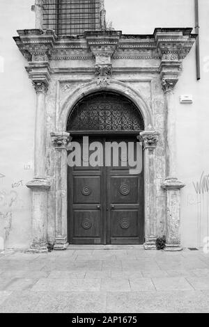 Venetian doorway with detailed carved stone, captured in the old town of Rethymnon, Crete. Stock Photo