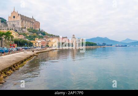 Gaeta (Italy) - The little port city on the sea, province of Latina, with 'Montagna Spaccata' broken mountain and 'Grotta del Turco' cave Stock Photo