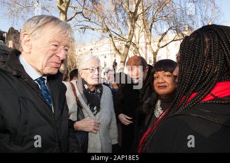 Westminster, UK, 20 Jan 2020: Lord Dubbs, Vanessa Redgrave and Diana Abbott MP talk to Bell Ribeiro-Addy at a rally outside Parliament to demand fair treatment for child refugees trying to join their families in the UK. Anna Watson/Alamy Live News Stock Photo