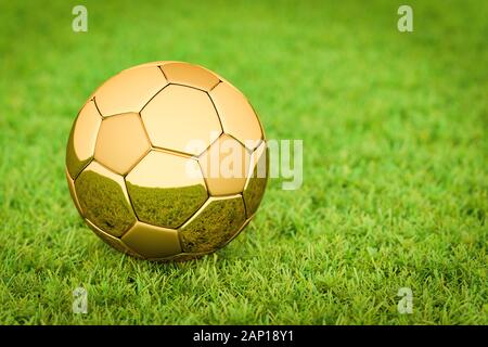 3D rendering: Golden Soccer ball / football lying on grass in a stadium, Big Business in sports, football, soccer. Stock Photo