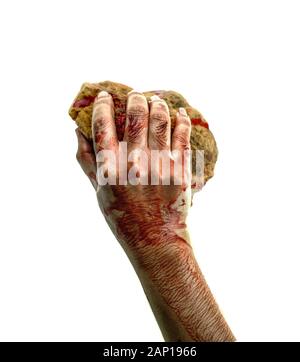 Close up hand is holding stone bloody at white background Stock Photo